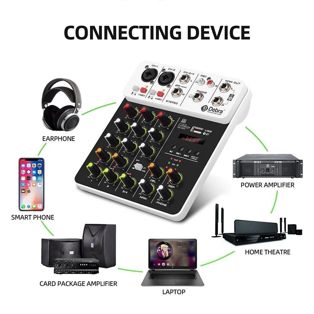 Debra Audio Mixer DJ Console V8 8 Channel 48V Phantom Power USB DJ Console With Sound Card  For PC Recording Singing