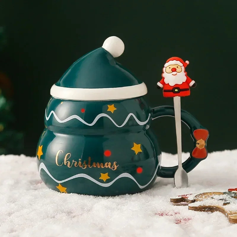 Christmas Mug New Year Gift Decoration Set Drinkware Party Decoration Coffee Cup with Lid Spoon Cartoon Cute Ceramic Mug Tea Cup