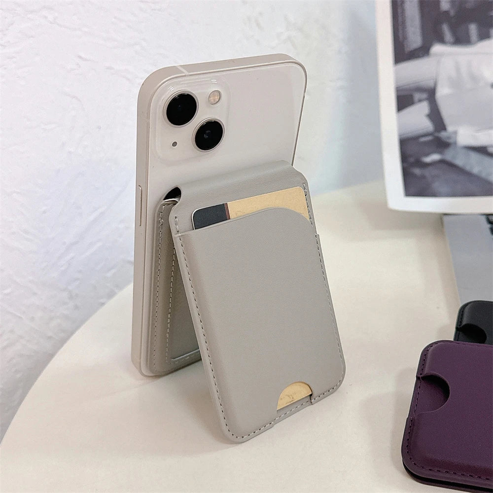 Magnetic For Magsafe Fold Card Holder Solid Leather Case For iPhone 16 15 14 13 12 Pro Max For Samsung S24 S23 S22 Ultra Cover