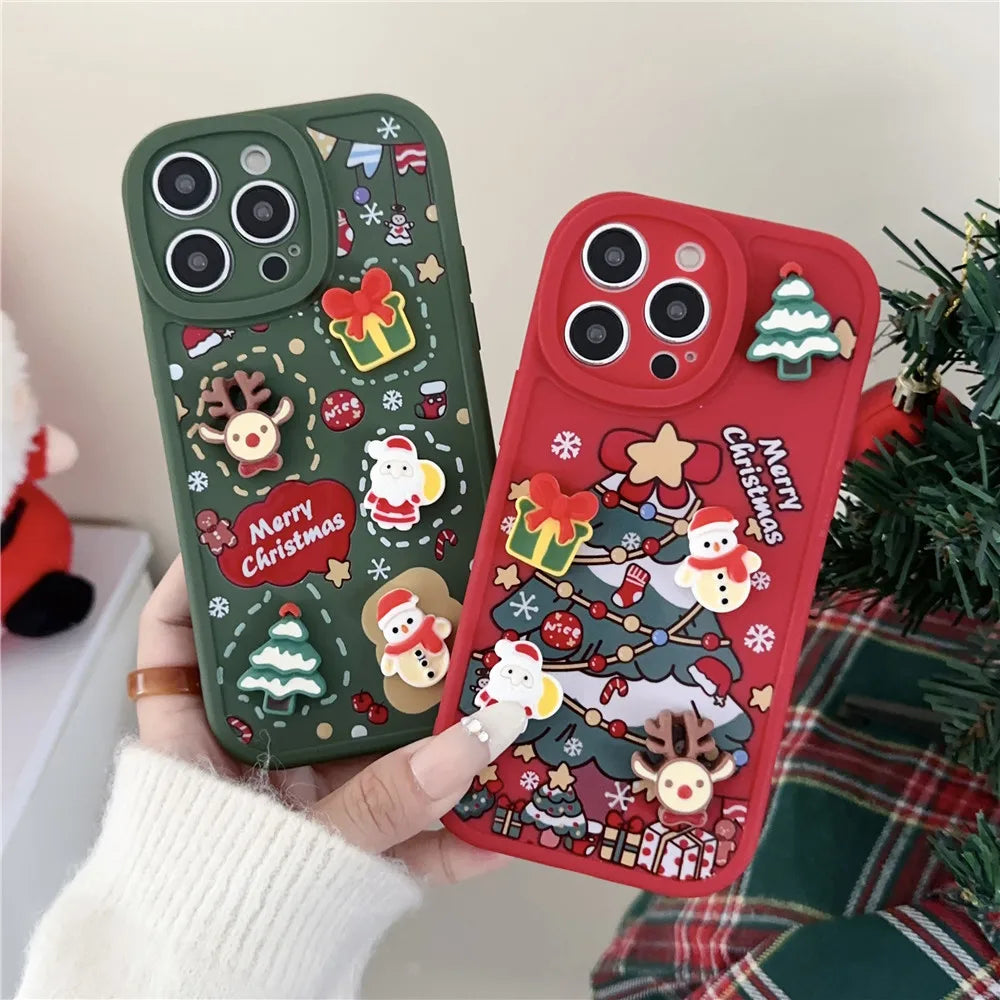 Cartoon 3D Santa Claus Elk Snowman Christmas Tree Case For iPhone 16 15 14 Pro Max 13 12 11 X XS XR 7 8 Plus Soft Silicone Cover