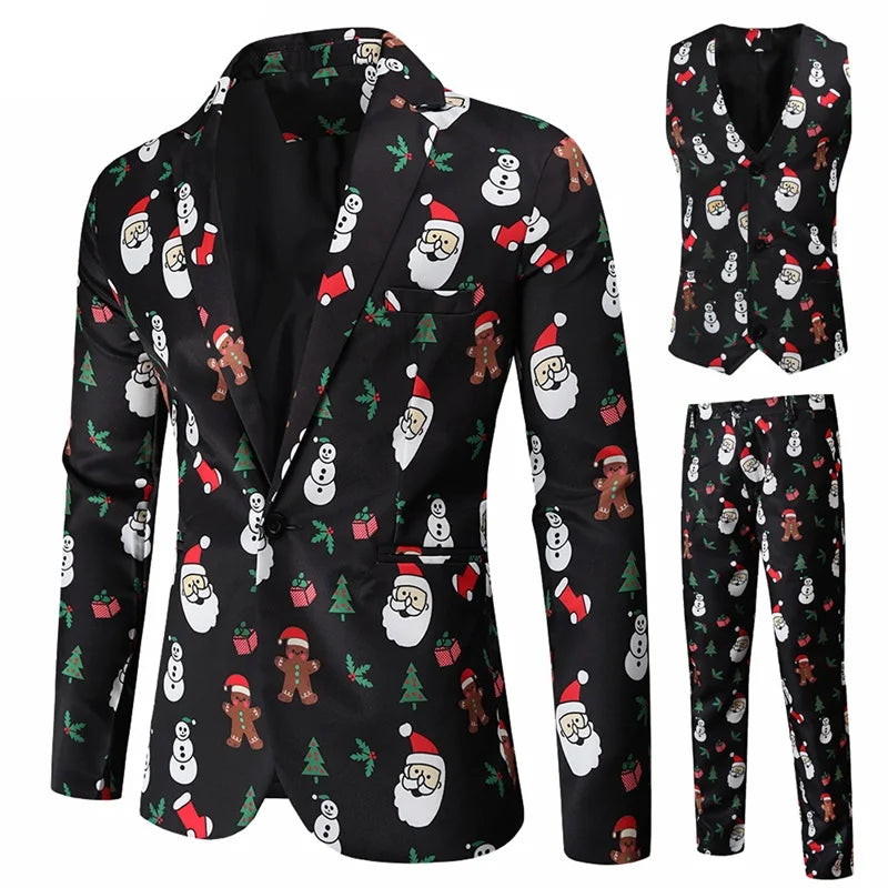 Men Christmas Suit Funny Long Sleeve Single Breasted Jacket with Vest Pants Set Formal Outfit