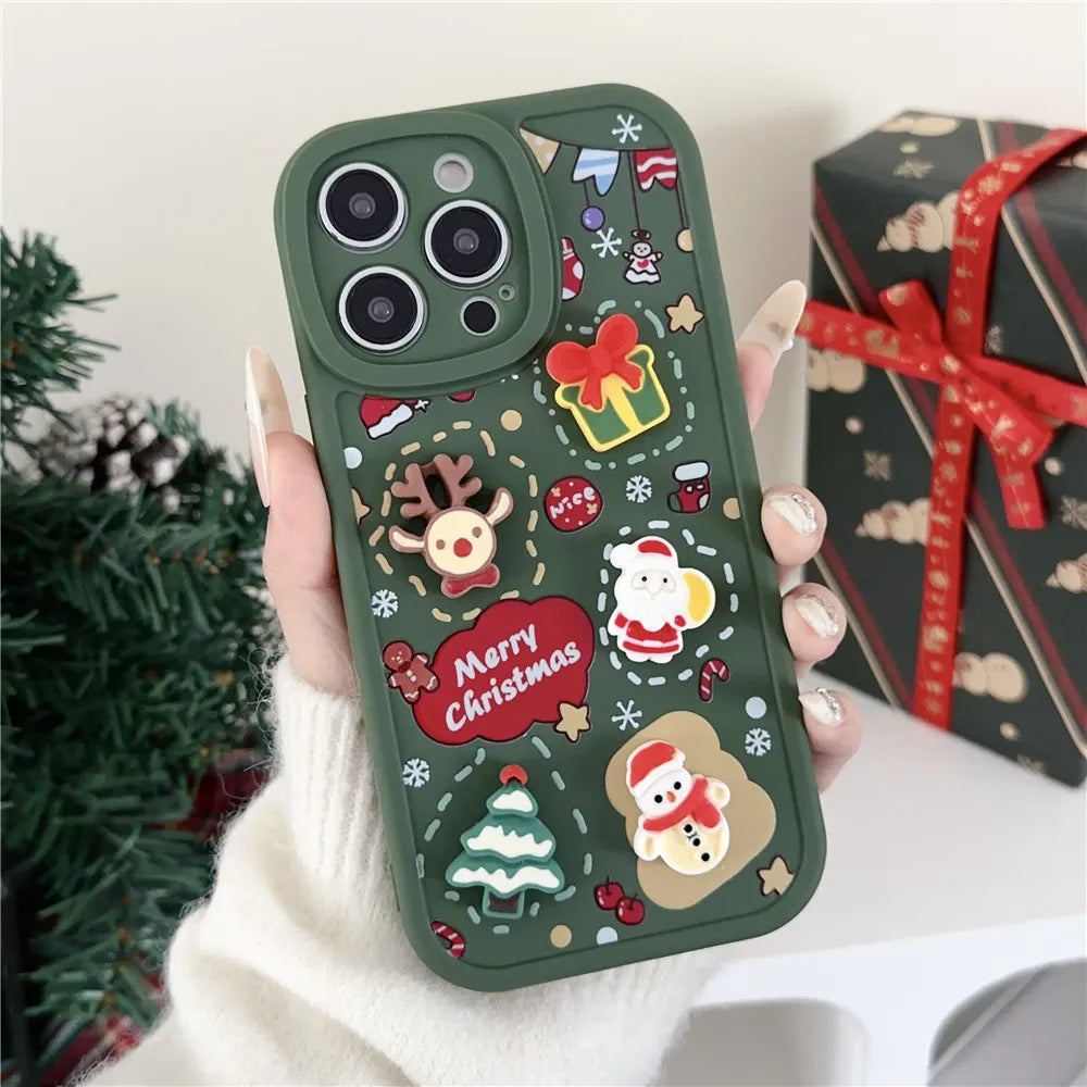 Cartoon 3D Santa Claus Elk Snowman Christmas Tree Case For iPhone 16 15 14 Pro Max 13 12 11 X XS XR 7 8 Plus Soft Silicone Cover