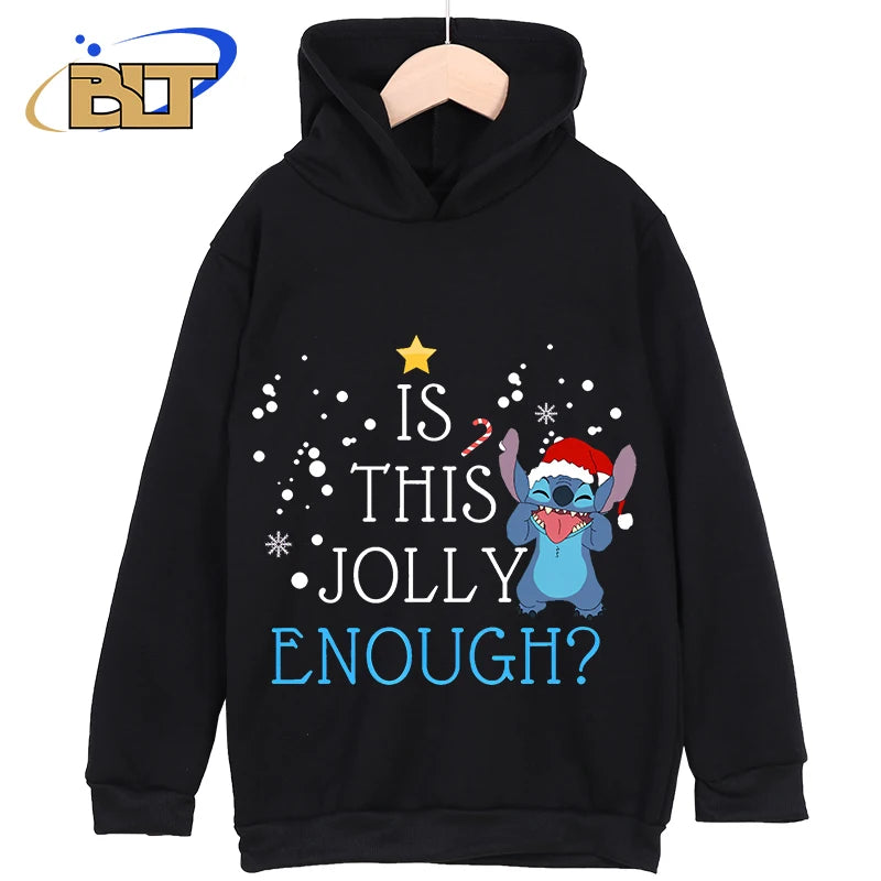 Stitch Christmas Printed Kids Clothing New Kids Hoodies Black Casual Tops Classic Sportswear Suitable for Boys and Girls