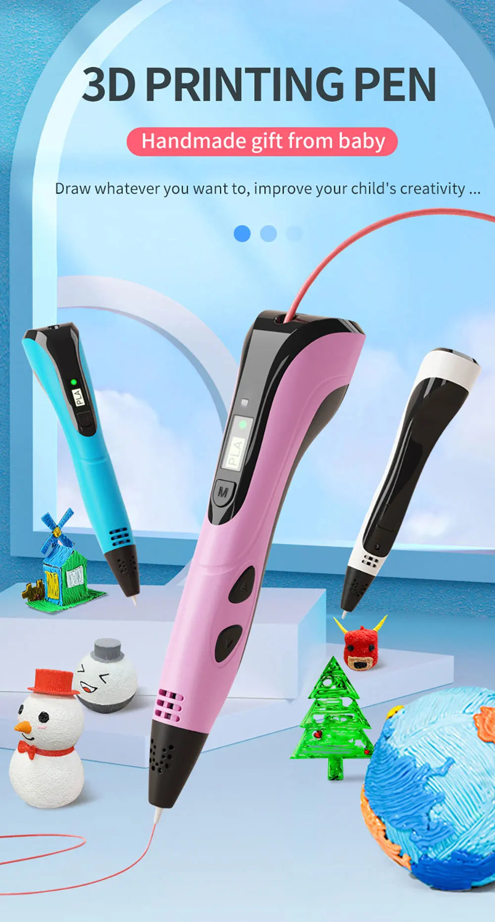 2024 New 3D Printing Pen 3D Pen for Children with Power Adapter 200M PLA Filament Travel Case Birthday Christmas Gift for Kids