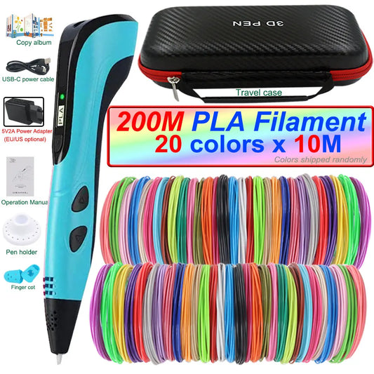 2024 New 3D Printing Pen 3D Pen for Children with Power Adapter 200M PLA Filament Travel Case Birthday Christmas Gift for Kids