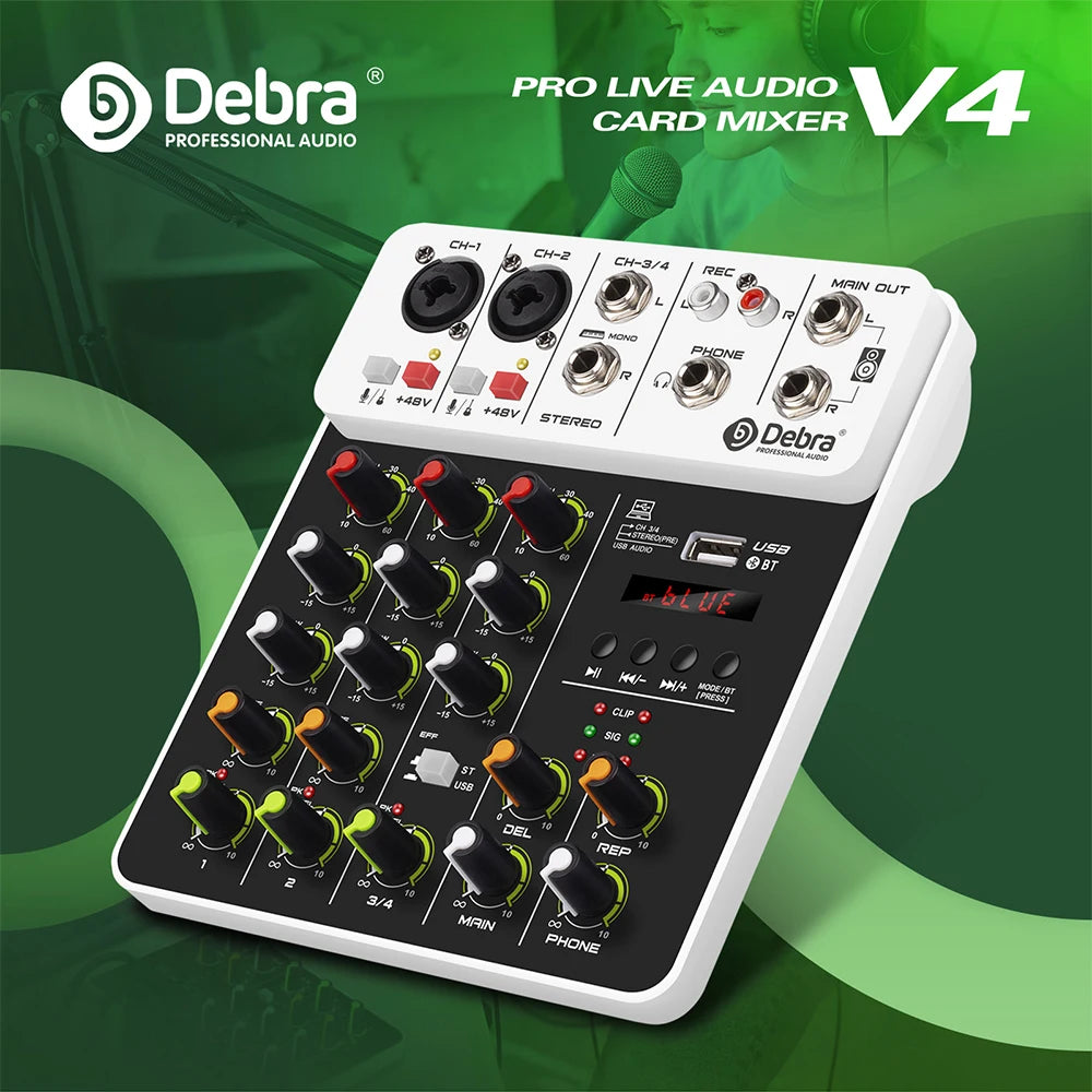 Debra Audio Mixer DJ Console V8 8 Channel 48V Phantom Power USB DJ Console With Sound Card  For PC Recording Singing