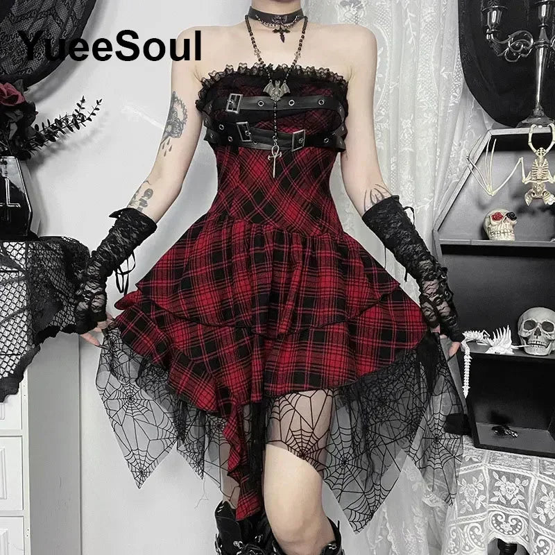 Grunge Gothic Women Dress Lace Trim High Waist Bodycon Mini Dress 2024 Summer New E-girl Vintage Punk Harajuku Lolita Clothes(M)