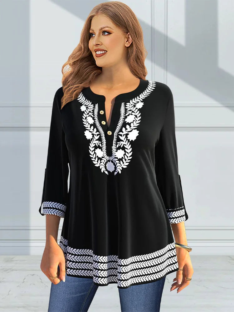 Plus Size Women Boho Floral Pattern Blouse Shirt Black Spring Shirt Women Button Decor 1XL-5XL Ethnic Shirt Oversize Clothing