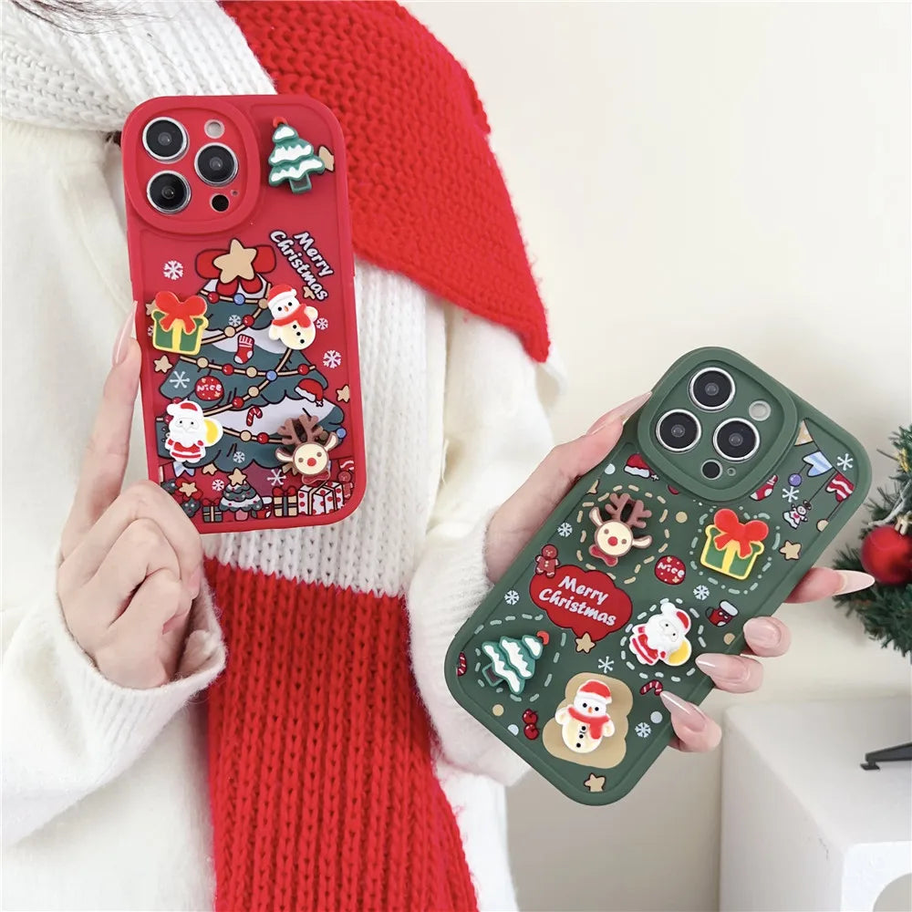 Cartoon 3D Santa Claus Elk Snowman Christmas Tree Case For iPhone 16 15 14 Pro Max 13 12 11 X XS XR 7 8 Plus Soft Silicone Cover