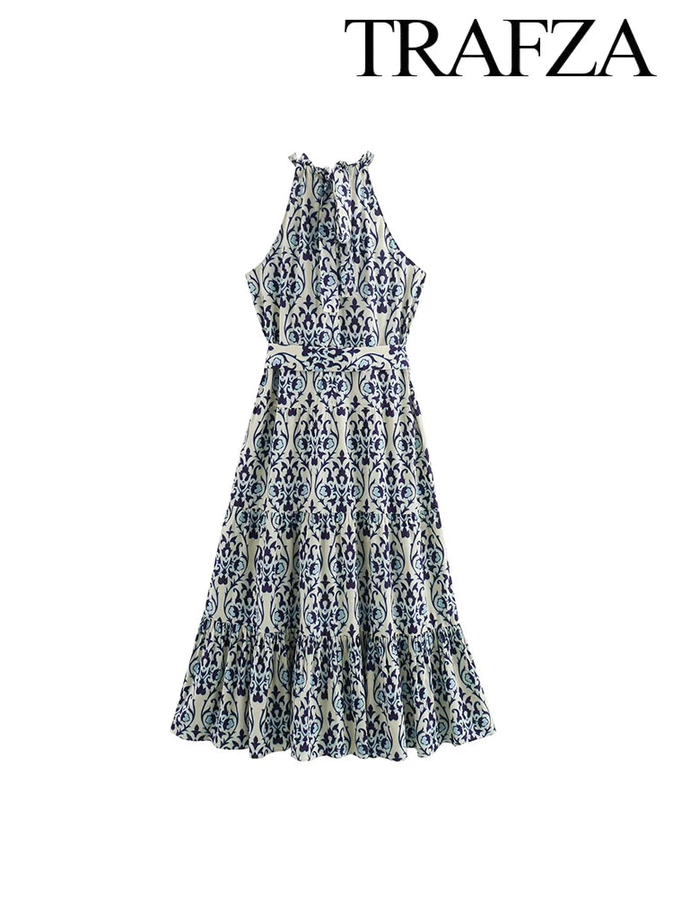 TRAF Vintage Printed Women's Long Dresses 2024 Strapless Halter Midi Dresses Women's Bohemian Summer Dresses Lace Up Beach Dress