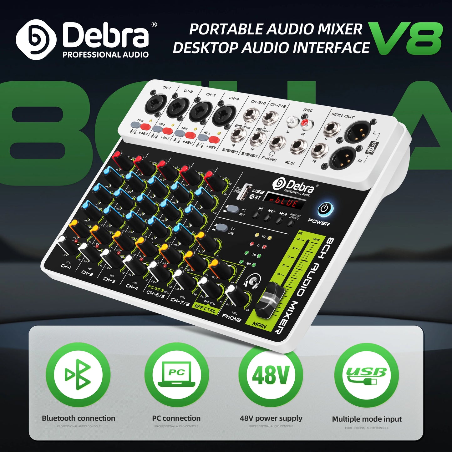 Debra Audio Mixer DJ Console V8 8 Channel 48V Phantom Power USB DJ Console With Sound Card  For PC Recording Singing