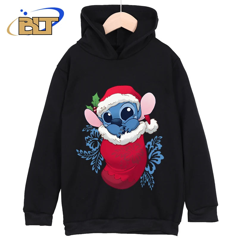 Stitch Christmas Printed Kids Clothing New Kids Hoodies Black Casual Tops Classic Sportswear Suitable for Boys and Girls