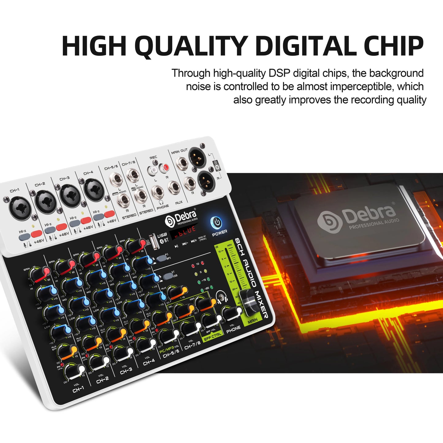 Debra Audio Mixer DJ Console V8 8 Channel 48V Phantom Power USB DJ Console With Sound Card  For PC Recording Singing