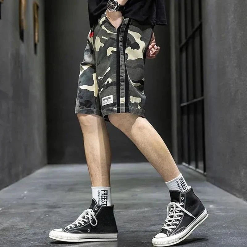 Male Short Pants Camouflage Spliced Camo Oversize Black Men's Cargo Shorts Big Size with Draw String Homme Streetwear Designer