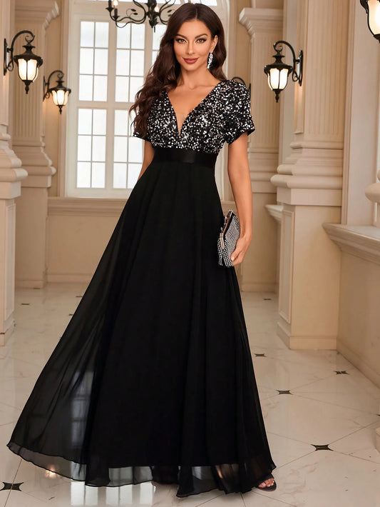 Unithorse Elegant Contrast Sequin Chiffon Formal Dress