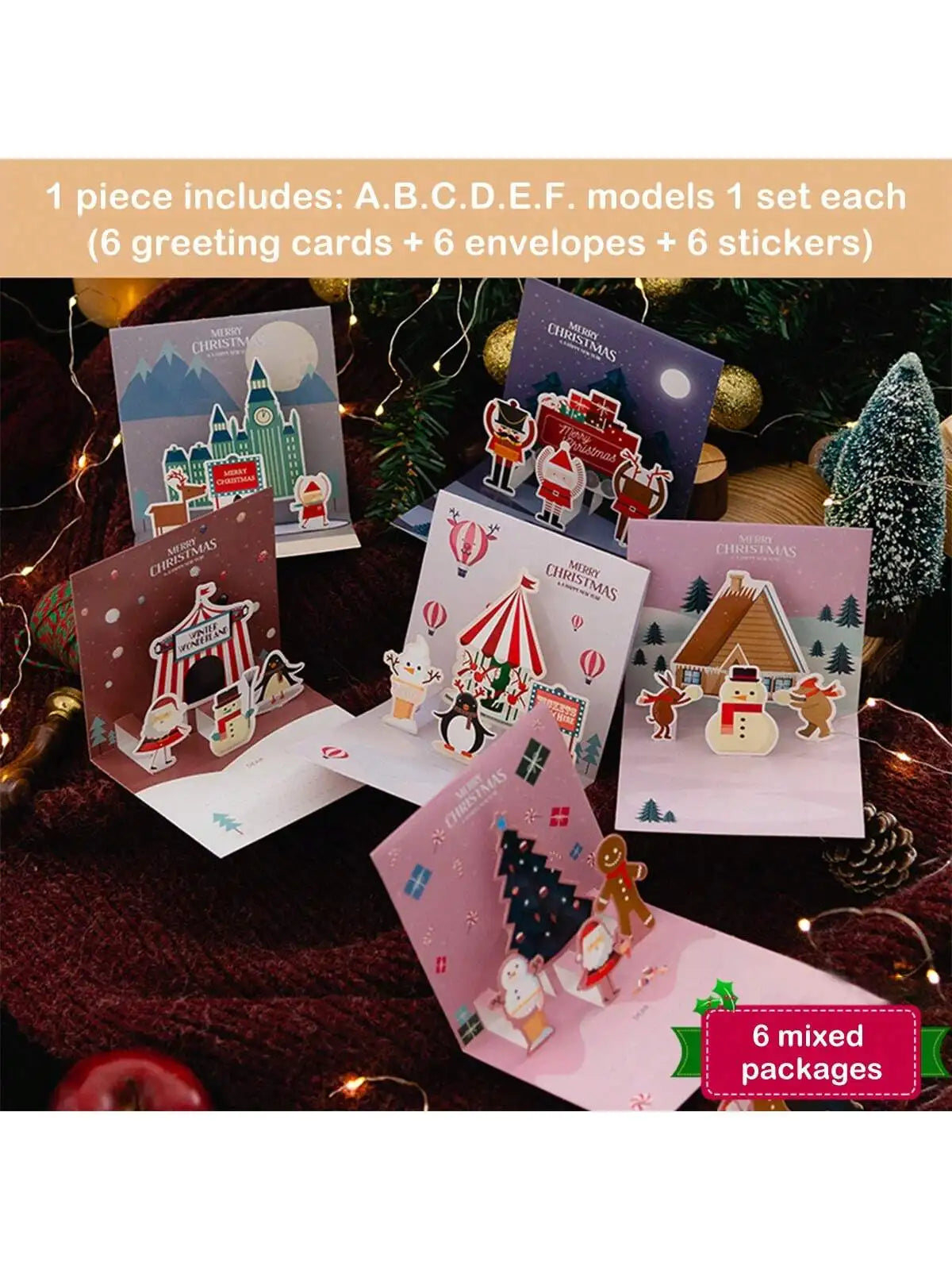 6PCS Christmas Eve 3D three-dimensional greeting card creative gift message card holiday greeting card