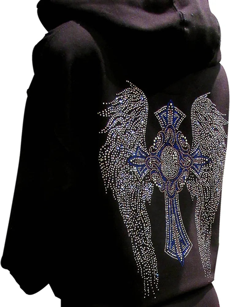 Multicolor Rhinestone Cross and Angel Wings Black Zipper Hoodie