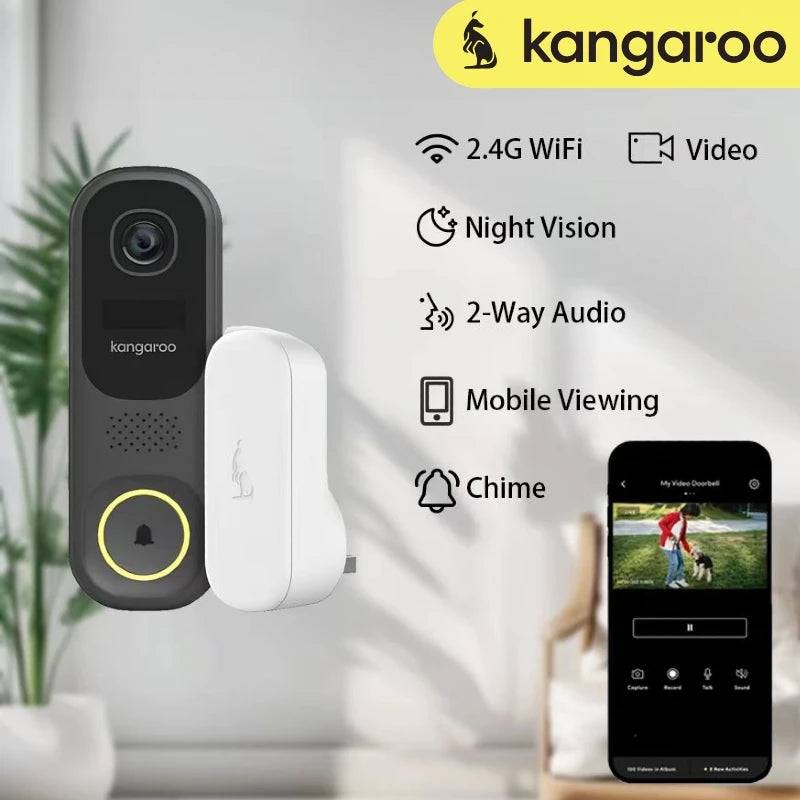 KANGAROO Wireless WiFi Doorbell Camera with 2-Way Audio - HD Resolution, Night Vision, Voice Changer, Waterproof, Wall Hanging