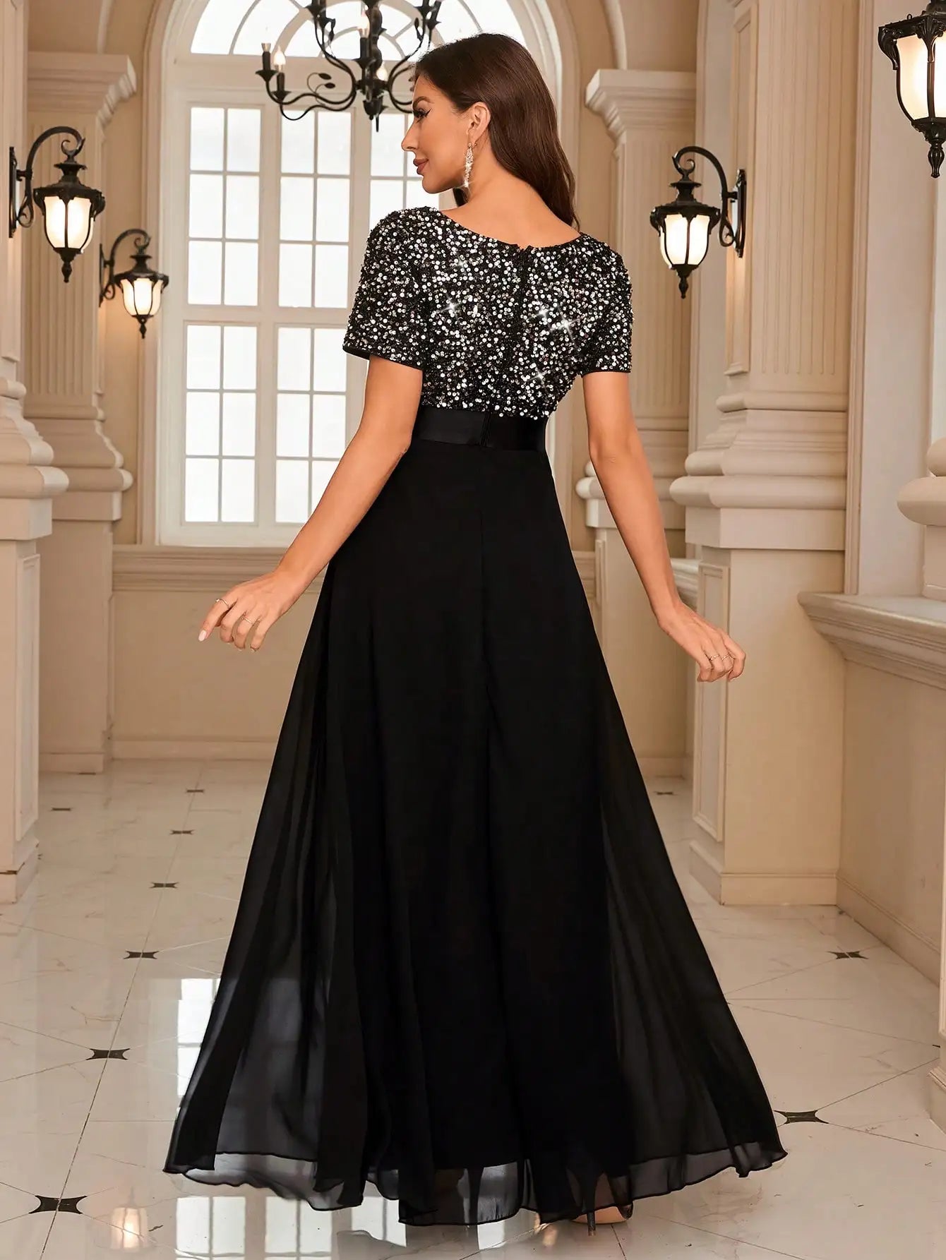 Unithorse Elegant Contrast Sequin Chiffon Formal Dress