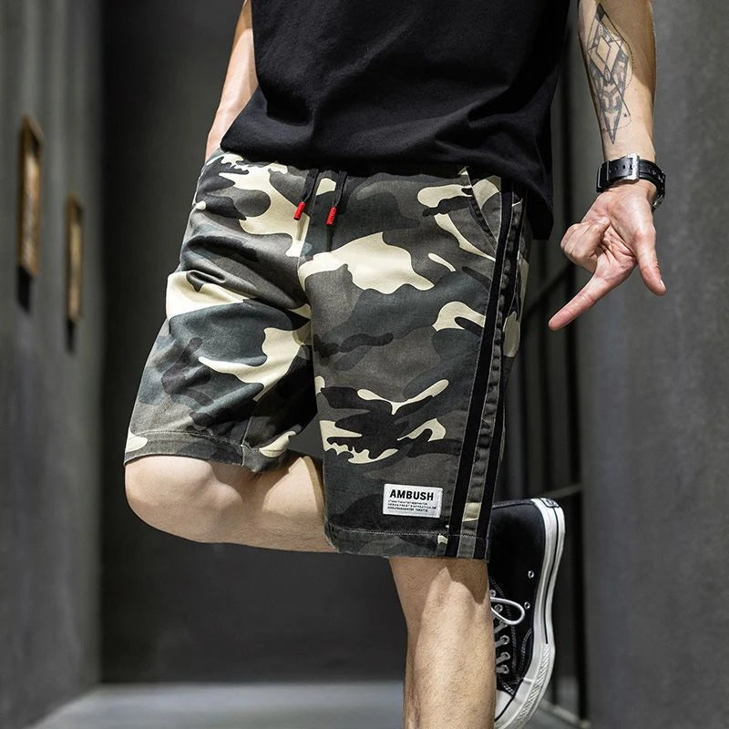 Male Short Pants Camouflage Spliced Camo Oversize Black Men's Cargo Shorts Big Size with Draw String Homme Streetwear Designer