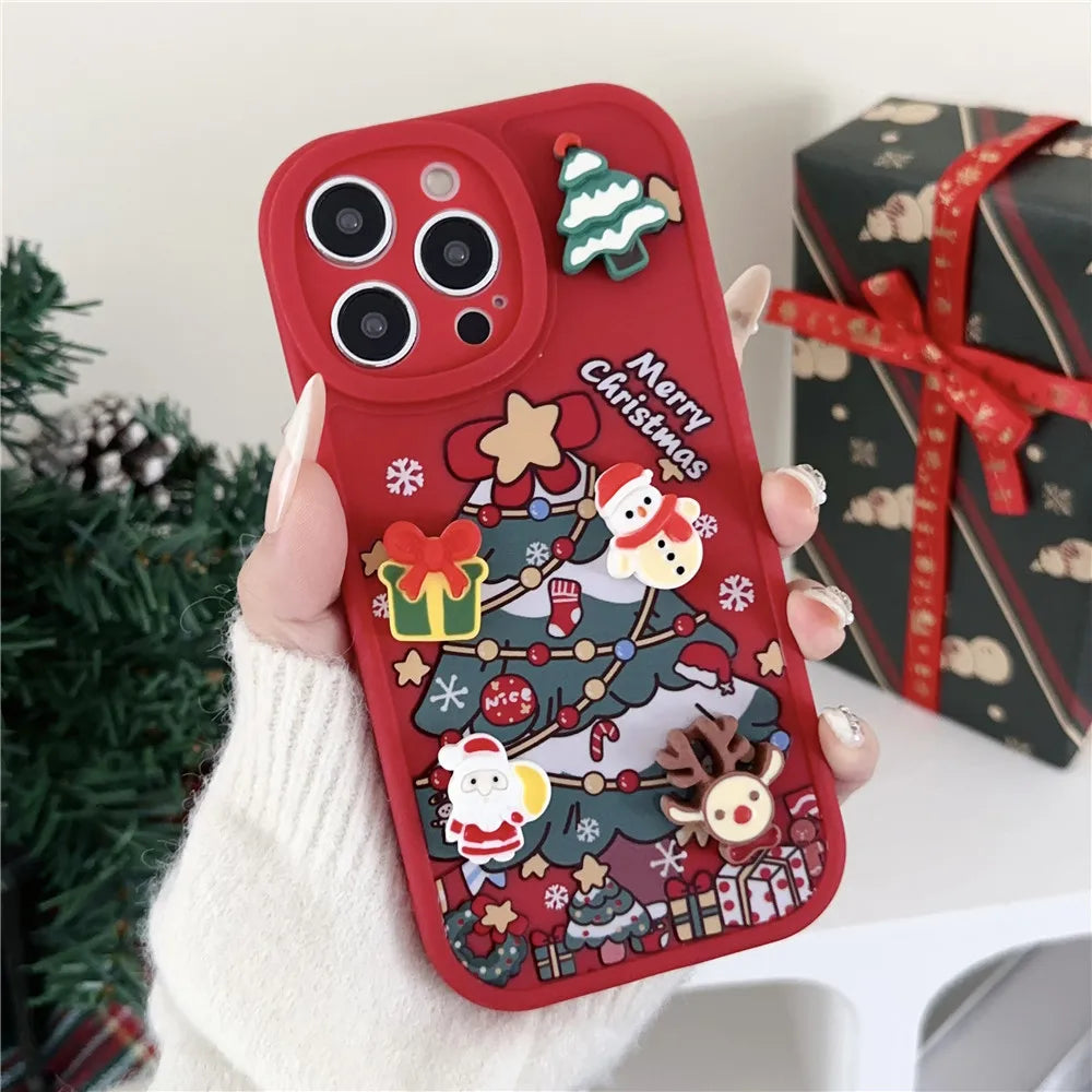 Cartoon 3D Santa Claus Elk Snowman Christmas Tree Case For iPhone 16 15 14 Pro Max 13 12 11 X XS XR 7 8 Plus Soft Silicone Cover