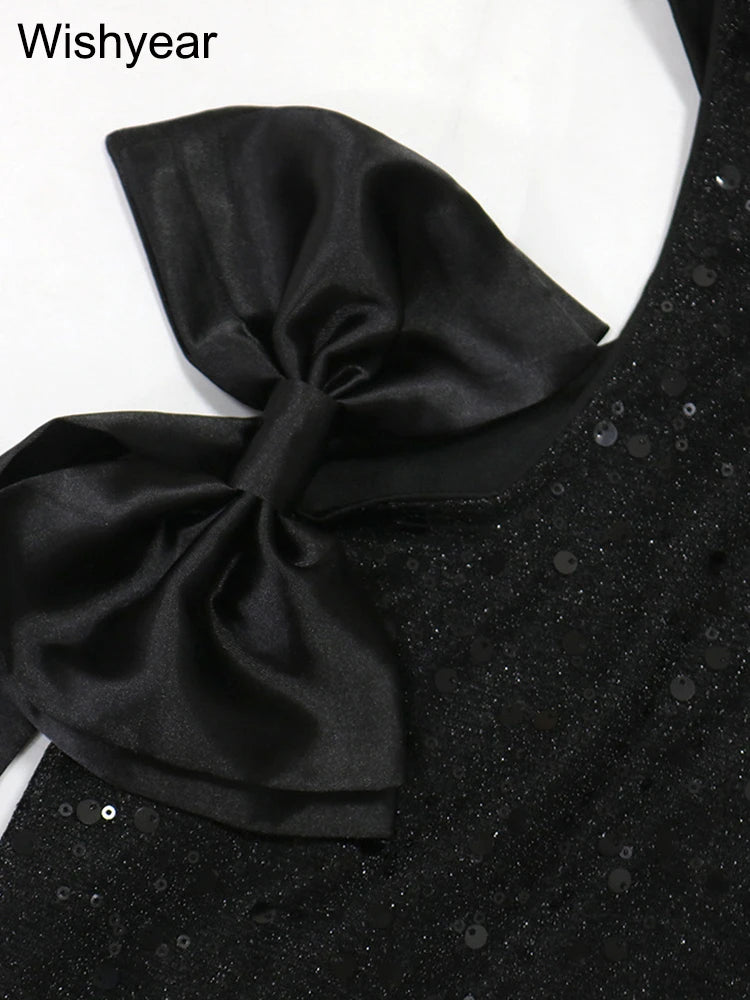 New Sequin Patchwork Elegant Bow Ribbion Sleeveless Black Short Dress Luxury Birthday Party Christmas Women Sales Vestidos Hot