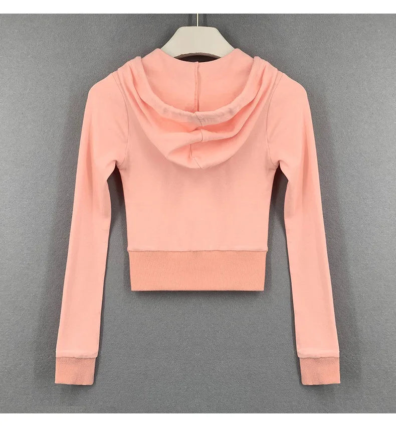 Short Hoodies Women Solid Sweatshirt Tracksuit Long Sleeve Female Crop Top 2022 Fashion Harajuku Casual Zipper Up Hoodies Jacket