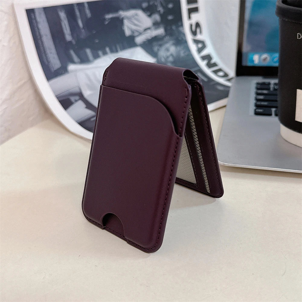 Magnetic For Magsafe Fold Card Holder Solid Leather Case For iPhone 16 15 14 13 12 Pro Max For Samsung S24 S23 S22 Ultra Cover