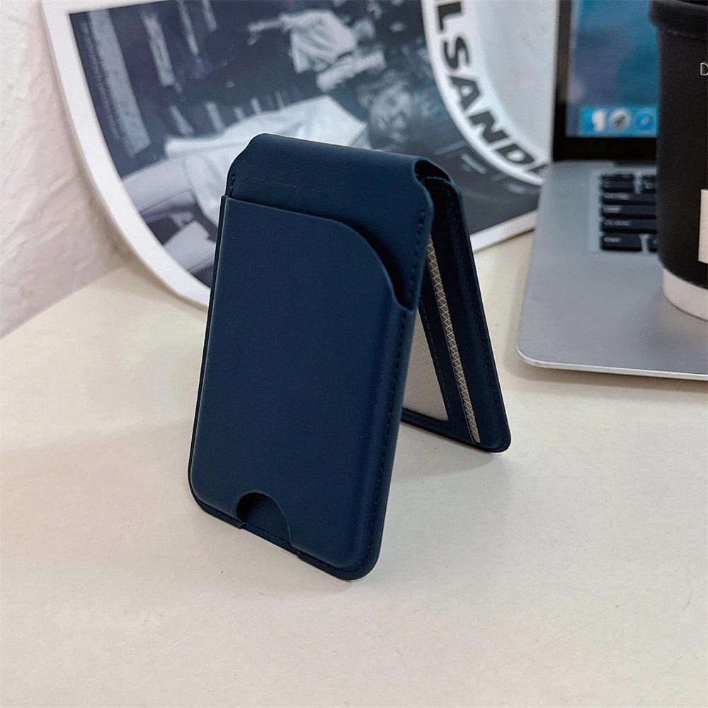 Magnetic For Magsafe Fold Card Holder Solid Leather Case For iPhone 16 15 14 13 12 Pro Max For Samsung S24 S23 S22 Ultra Cover