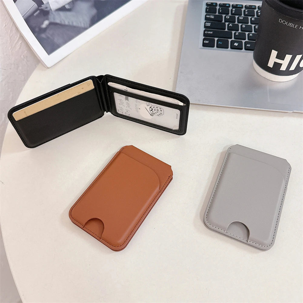 Magnetic For Magsafe Fold Card Holder Solid Leather Case For iPhone 16 15 14 13 12 Pro Max For Samsung S24 S23 S22 Ultra Cover