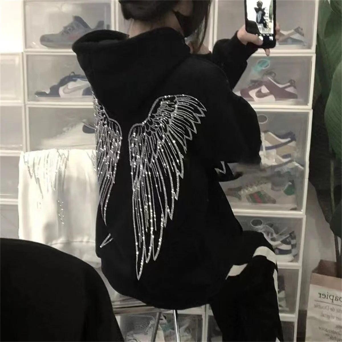 Fashion Diamonds Wings Print Hoodie Women Winter Autumn Black Tops Ulzzang Hip Hop Harajuku Pullover Hooded Hoodie Sweatshirts