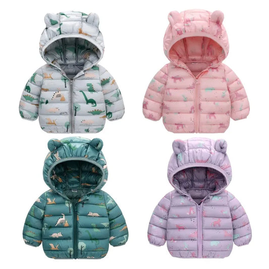 Lightweight Down Jacket Kids Boy Girl Baby Cartoon Gray Dinosaur Zipper Hooded Coats Autumn Winter Christmas Outerwear 1-5 Years