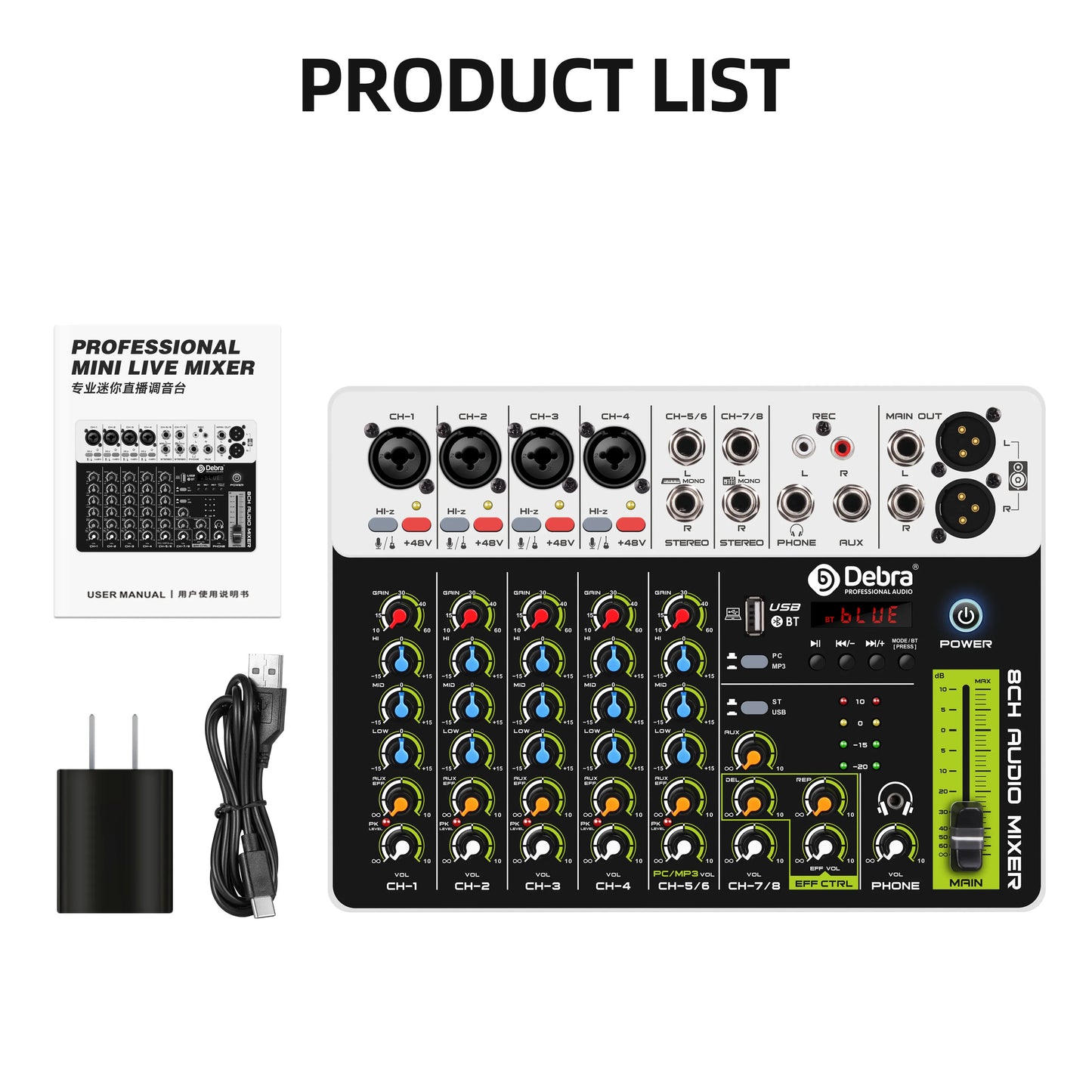 Debra Audio Mixer DJ Console V8 8 Channel 48V Phantom Power USB DJ Console With Sound Card  For PC Recording Singing