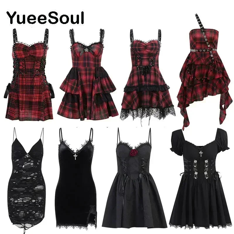 Grunge Gothic Women Dress Lace Trim High Waist Bodycon Mini Dress 2024 Summer New E-girl Vintage Punk Harajuku Lolita Clothes(M)