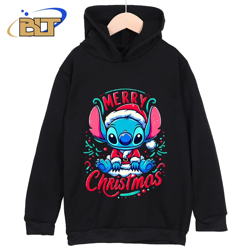 Stitch Christmas Printed Kids Clothing New Kids Hoodies Black Casual Tops Classic Sportswear Suitable for Boys and Girls