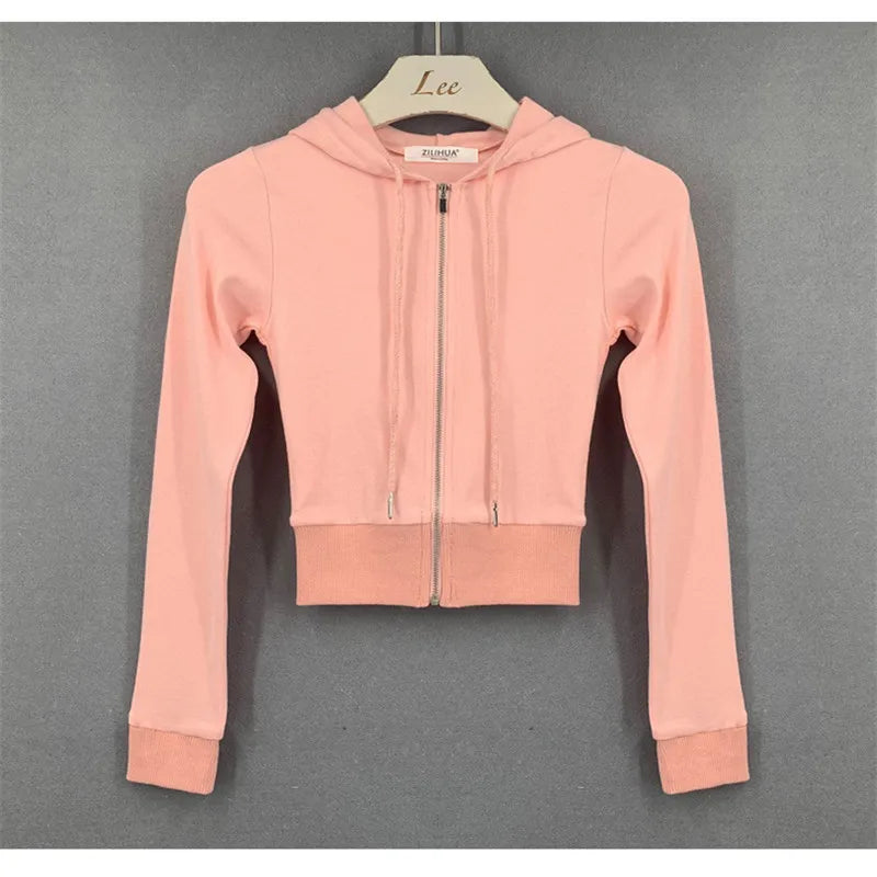 Short Hoodies Women Solid Sweatshirt Tracksuit Long Sleeve Female Crop Top 2022 Fashion Harajuku Casual Zipper Up Hoodies Jacket