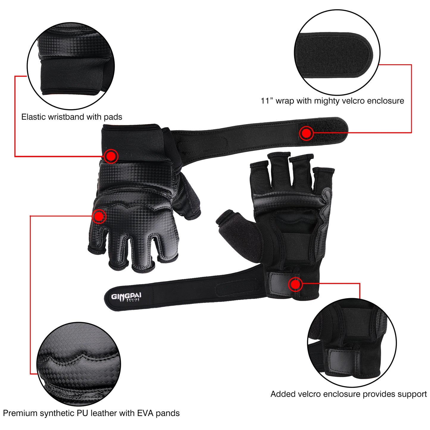 PU Half Finger Taekwondo Gloves TKD Protector Fighting Mitts MMA Gloves Karate Hands Protector Boxing Gloves Black Color