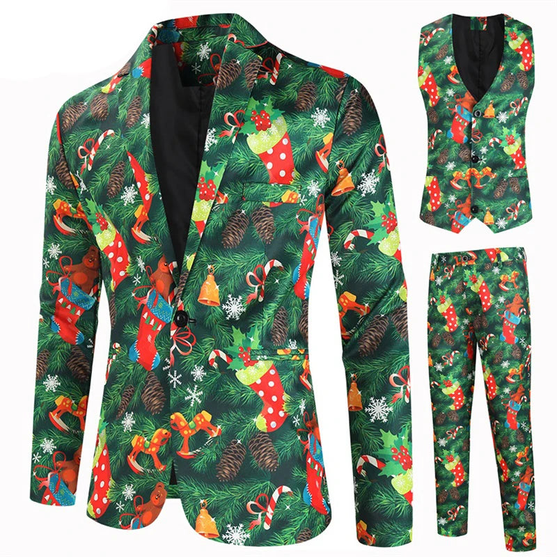 Men Christmas Suit Funny Long Sleeve Single Breasted Jacket with Vest Pants Set Formal Outfit