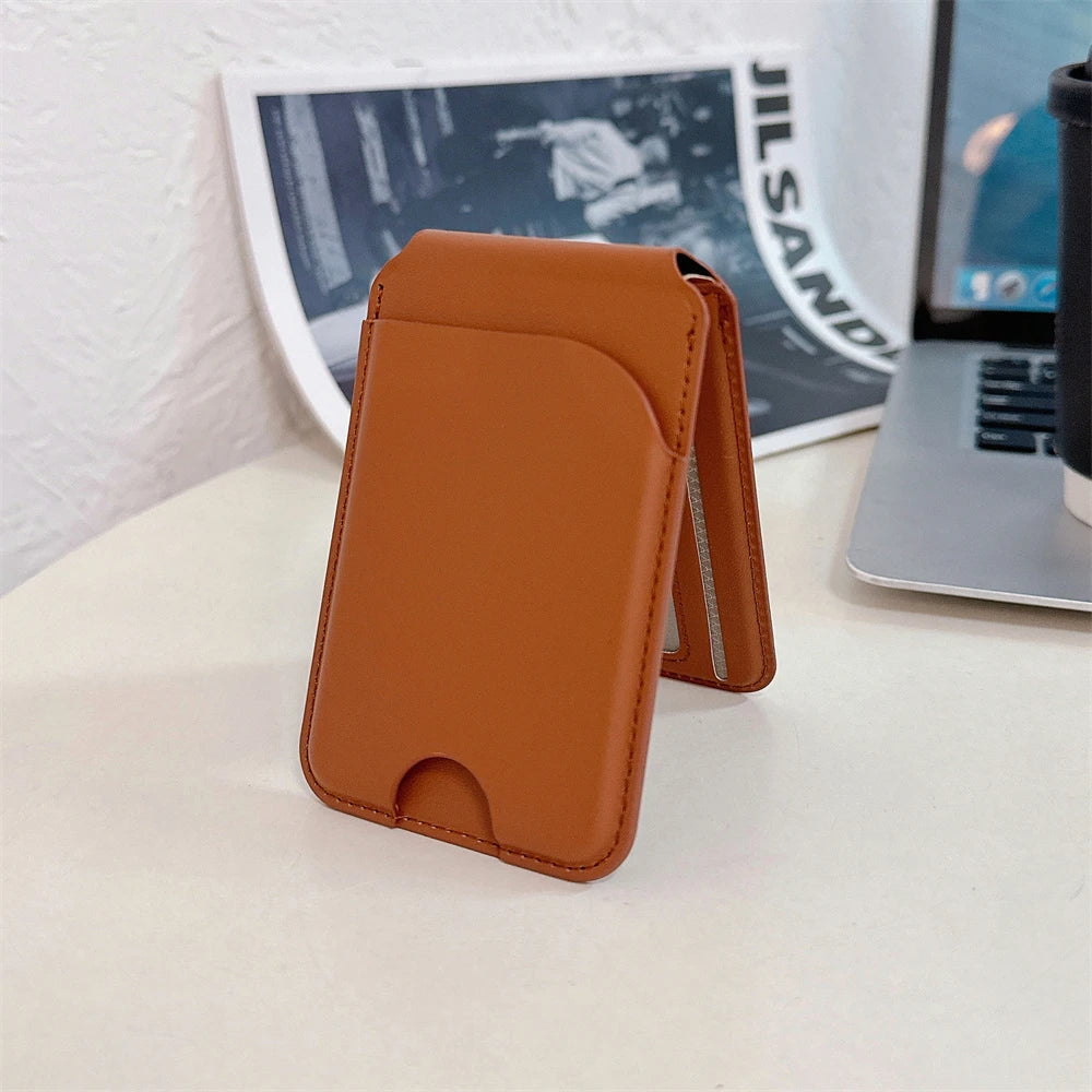 Magnetic For Magsafe Fold Card Holder Solid Leather Case For iPhone 16 15 14 13 12 Pro Max For Samsung S24 S23 S22 Ultra Cover