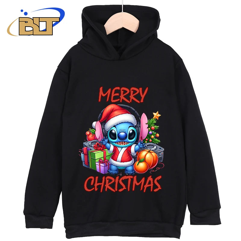 Stitch Christmas Printed Kids Clothing New Kids Hoodies Black Casual Tops Classic Sportswear Suitable for Boys and Girls