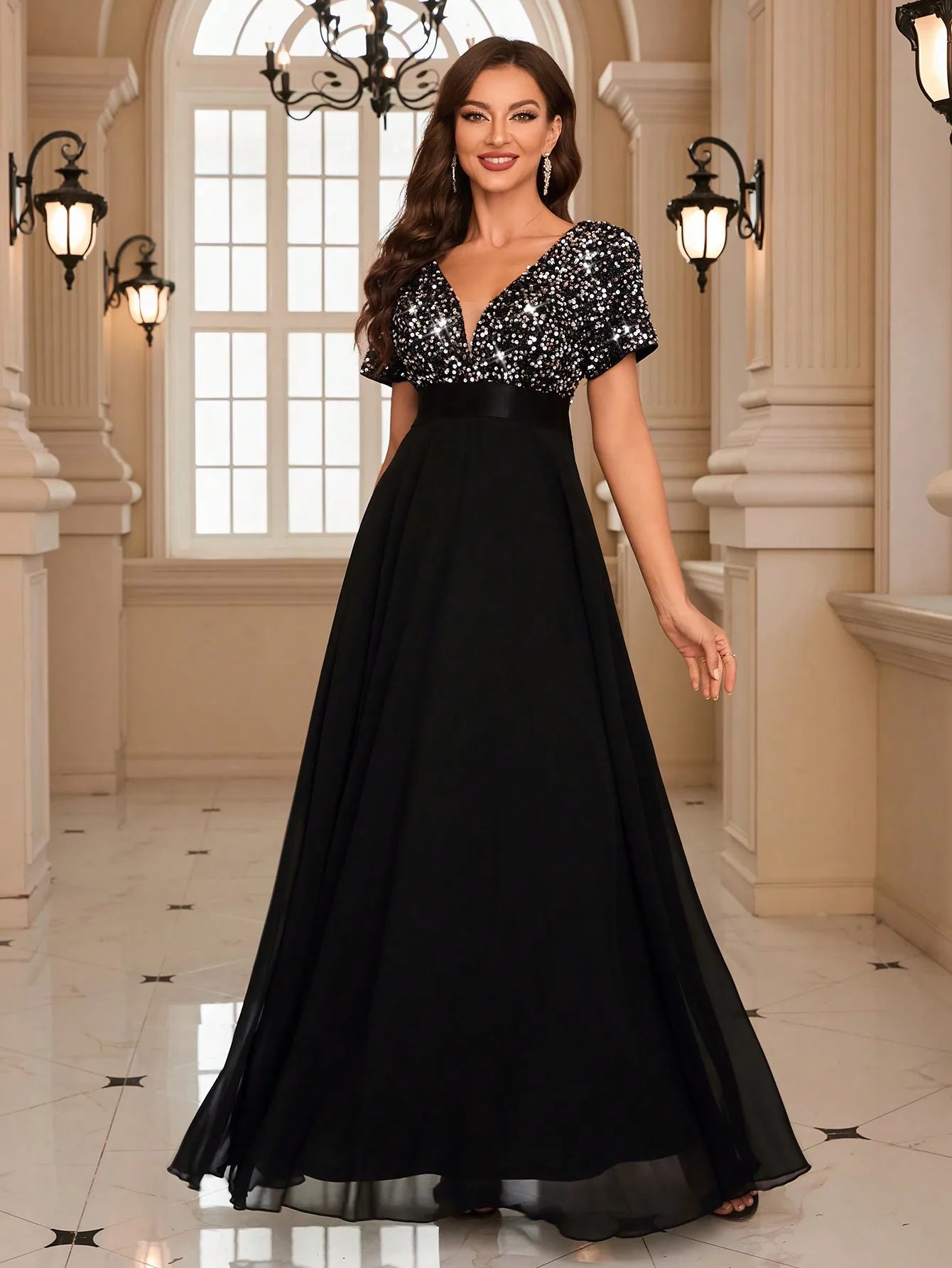 Unithorse Elegant Contrast Sequin Chiffon Formal Dress