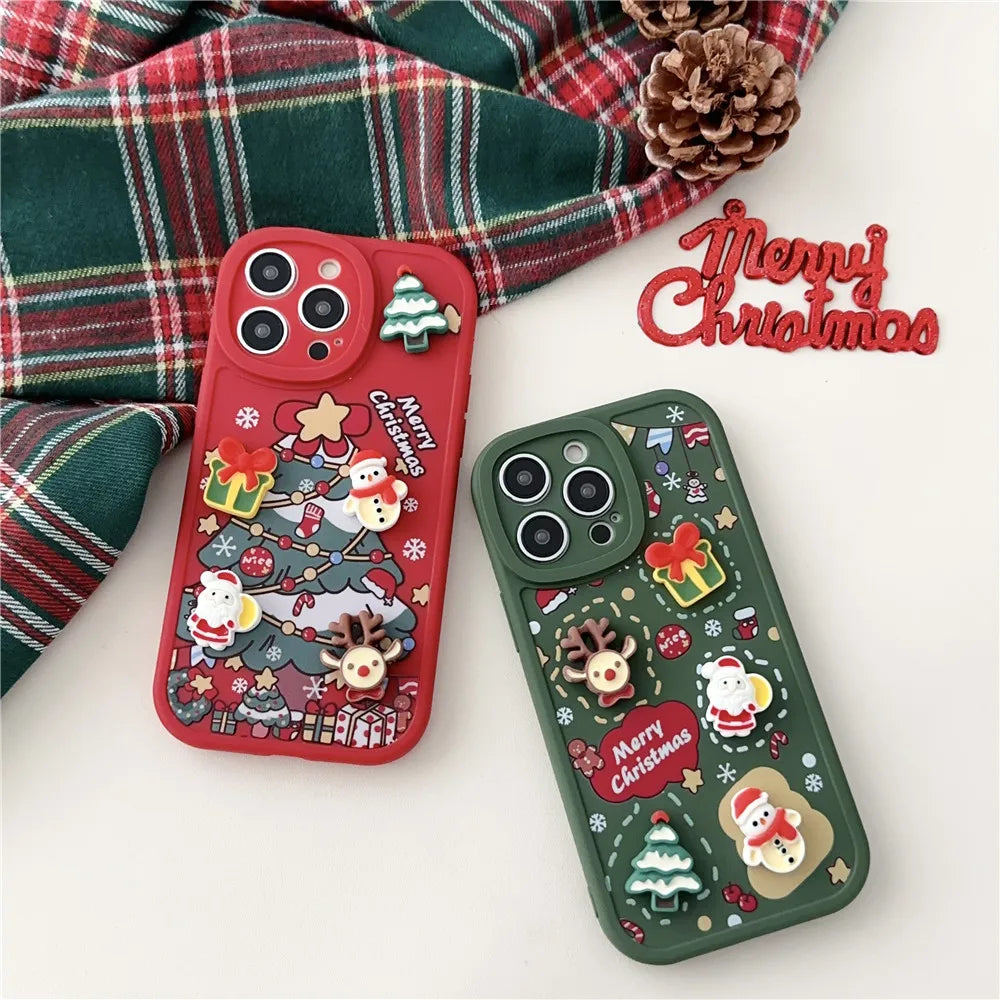 Cartoon 3D Santa Claus Elk Snowman Christmas Tree Case For iPhone 16 15 14 Pro Max 13 12 11 X XS XR 7 8 Plus Soft Silicone Cover